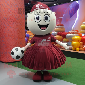 Maroon Soccer Ball mascot costume character dressed with a Ball Gown and Caps