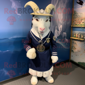 Navy Goat mascot costume character dressed with a Wrap Skirt and Keychains