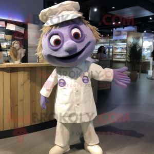 Lavender Fish And Chips mascot costume character dressed with a Button-Up Shirt and Caps