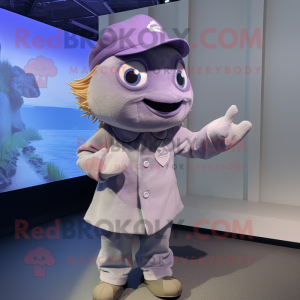 Lavender Fish And Chips mascot costume character dressed with a Button-Up Shirt and Caps