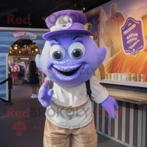 Lavender Fish And Chips mascot costume character dressed with a Button-Up Shirt and Caps