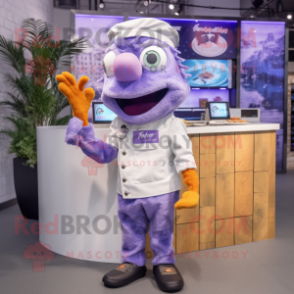 Lavender Fish And Chips mascot costume character dressed with a Button-Up Shirt and Caps