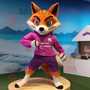 Magenta Fox mascot costume character dressed with a Board Shorts and Rings