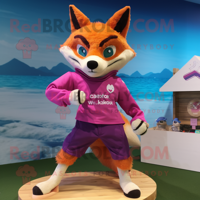 Magenta Fox mascot costume character dressed with a Board Shorts and Rings Magenta Fox mascot costume character dressed with a Board Shorts and Rings