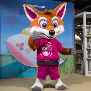 Magenta Fox mascot costume character dressed with a Board Shorts and Rings