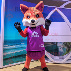 Magenta Fox mascot costume character dressed with a Board Shorts and Rings