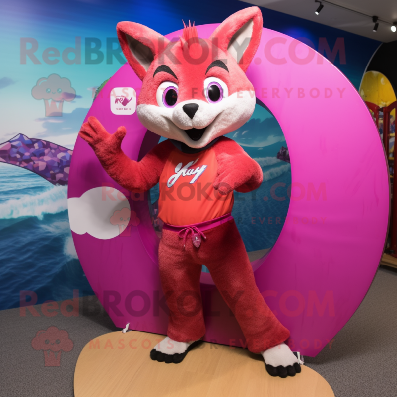 Magenta Fox mascot costume character dressed with a Board Shorts and Rings