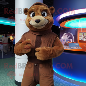 Brown Mongoose mascot costume character dressed with a Turtleneck and Rings