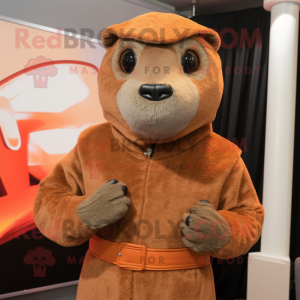 Brown Mongoose mascot costume character dressed with a Turtleneck and Rings
