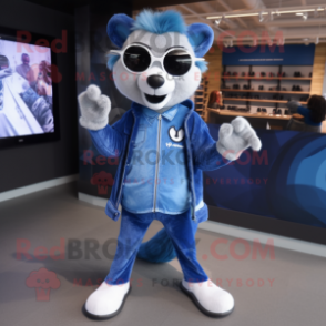 Blue Badger mascot costume character dressed with a Jeggings and Sunglasses