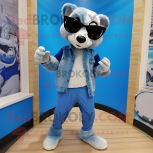 Blue Badger mascot costume character dressed with a Jeggings and Sunglasses