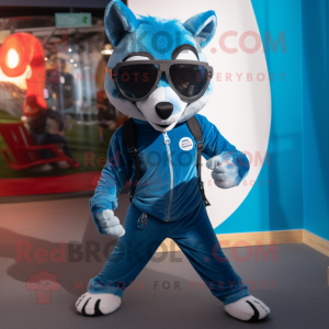 Blue Badger mascot costume character dressed with a Jeggings and Sunglasses