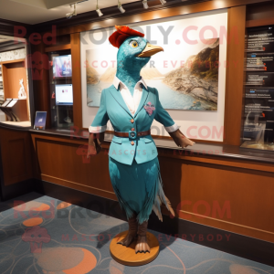 Teal Pheasant mascot costume character dressed with a Sheath Dress and Lapel pins