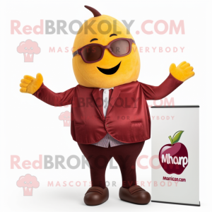 Maroon Mango mascot costume character dressed with a Jacket and Hairpins