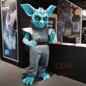 Cyan Gargoyle mascot costume character dressed with a Playsuit and Cummerbunds