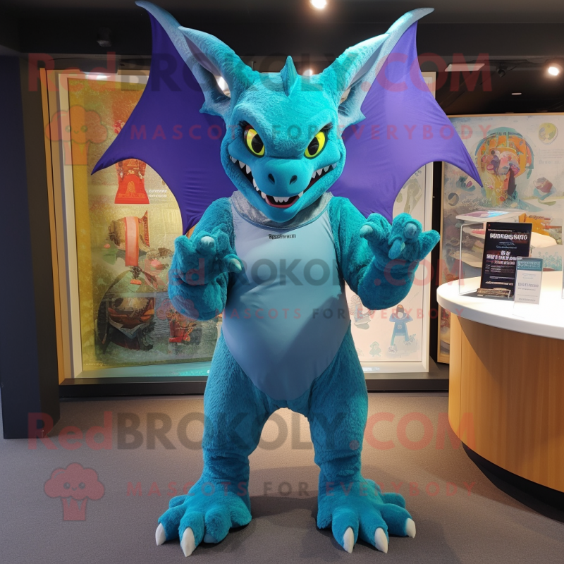 Cyan Gargoyle mascot costume character dressed with a Playsuit and Cummerbunds Cyan Gargoyle mascot costume character dressed with a Playsuit and Cummerbunds