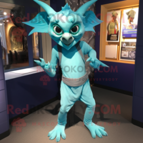 Cyan Gargoyle mascot costume character dressed with a Playsuit and Cummerbunds