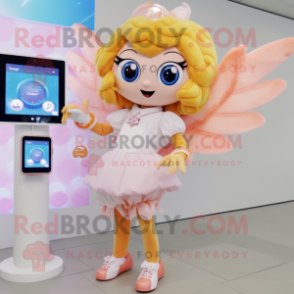 Peach Cupid mascot costume character dressed with a Dress Shirt and Digital watches