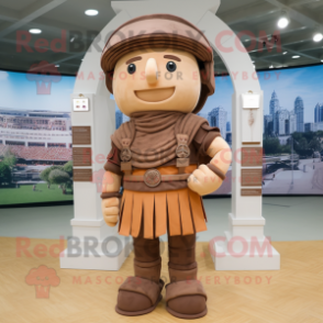 Brown Roman Soldier mascot costume character dressed with a Overalls and Shawl pins