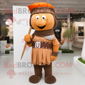 Brown Roman Soldier mascot costume character dressed with a Overalls and Shawl pins