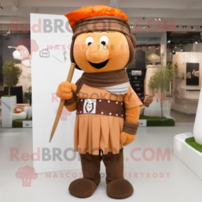 Brown Roman Soldier mascot costume character dressed with a Overalls and Shawl pins