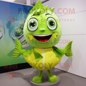 Lime Green Tuna mascot costume character dressed with a Blouse and Anklets