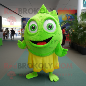 Lime Green Tuna mascot costume character dressed with a Blouse and Anklets