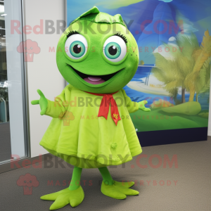 Lime Green Tuna mascot costume character dressed with a Blouse and Anklets