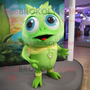 Lime Green Tuna mascot costume character dressed with a Blouse and Anklets