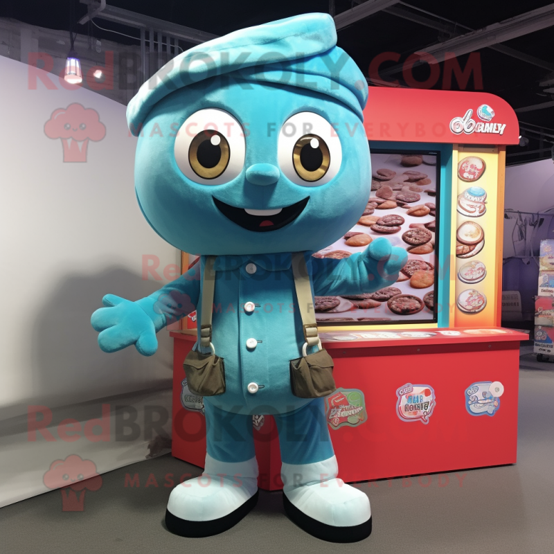 Cyan Candy Box mascot costume character dressed with a Cargo Pants and Beanies Cyan Candy Box mascot costume character dressed with a Cargo Pants and Beanies