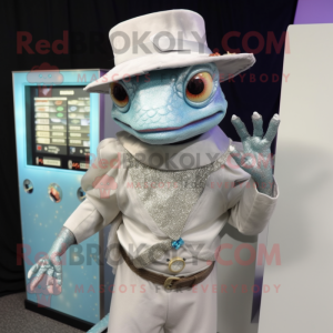 Silver Geckos mascot costume character dressed with a Wrap Skirt and Hat pins