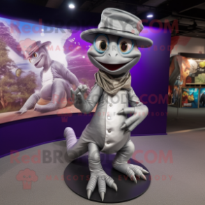 Silver Geckos mascot costume character dressed with a Wrap Skirt and Hat pins