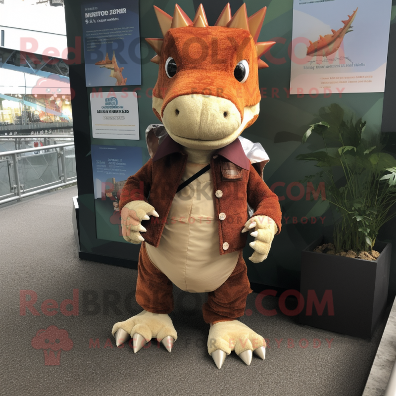 Rust Stegosaurus mascot costume character dressed with a Jacket and Scarf clips Rust Stegosaurus mascot costume character dressed with a Jacket and Scarf clips