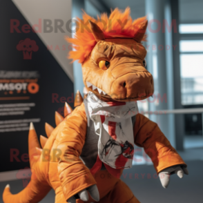 Rust Stegosaurus mascot costume character dressed with a Jacket and Scarf clips