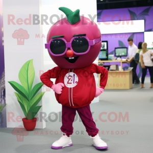 Magenta Cherry mascot costume character dressed with a Joggers and Reading glasses