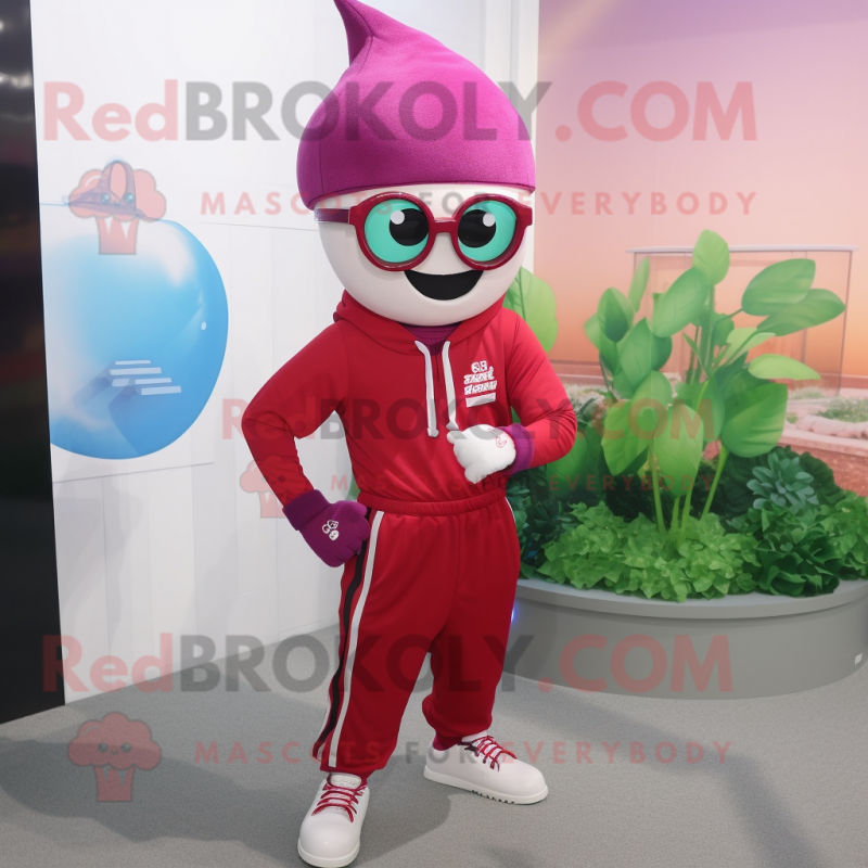 Magenta Cherry mascot costume character dressed with a Joggers and Reading glasses Magenta Cherry mascot costume character dressed with a Joggers and Reading glasses