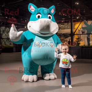 Teal Rhinoceros mascot costume character dressed with a Mom Jeans and Keychains