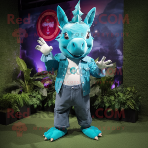 Teal Rhinoceros mascot costume character dressed with a Mom Jeans and Keychains