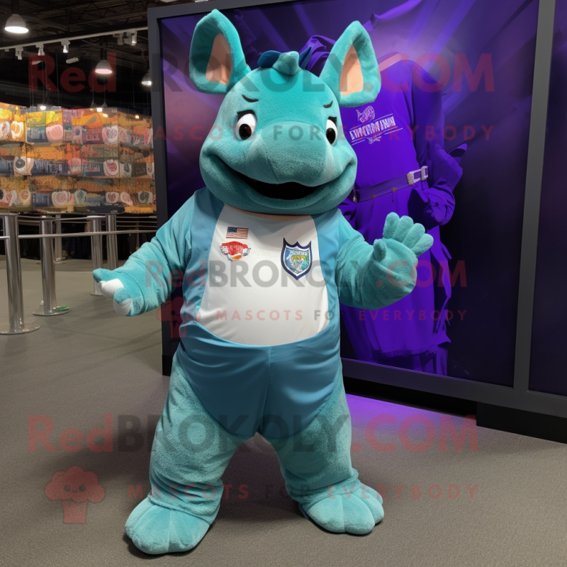 Teal Rhinoceros mascot costume character dressed with a Mom Jeans and Keychains