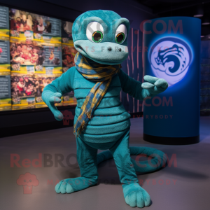 Teal Anaconda mascot costume character dressed with a Cardigan and Rings