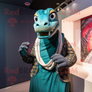 Teal Anaconda mascot costume character dressed with a Cardigan and Rings