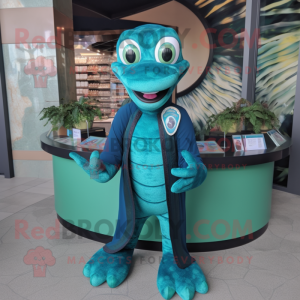 Teal Anaconda mascot costume character dressed with a Cardigan and Rings