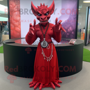 Red Gargoyle mascot costume character dressed with a Maxi Skirt and Necklaces