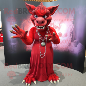 Red Gargoyle mascot costume character dressed with a Maxi Skirt and Necklaces