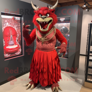 Red Gargoyle mascot costume character dressed with a Maxi Skirt and Necklaces