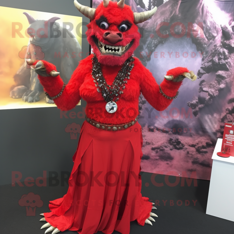 Red Gargoyle mascot costume character dressed with a Maxi Skirt and Necklaces