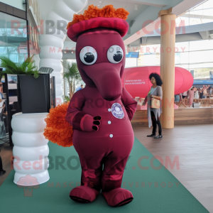 Maroon Sea Horse mascot costume character dressed with a Leggings and Berets
