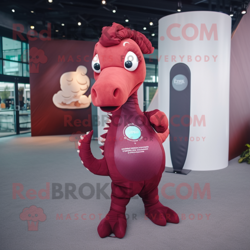 Maroon Sea Horse mascot costume character dressed with a Leggings and Berets Maroon Sea Horse mascot costume character dressed with a Leggings and Berets
