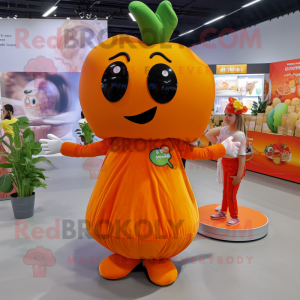 Orange Pepper mascot costume character dressed with a Playsuit and Hair clips
