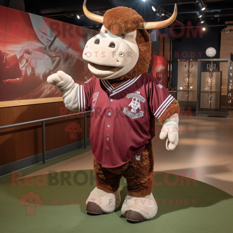 Maroon Woolly Rhinoceros mascot costume character dressed with a Baseball Tee and Necklaces